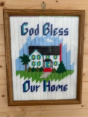 Vintage Framed Cross Stitch Embroidery God Bless Our Home Grannycore Wall Art